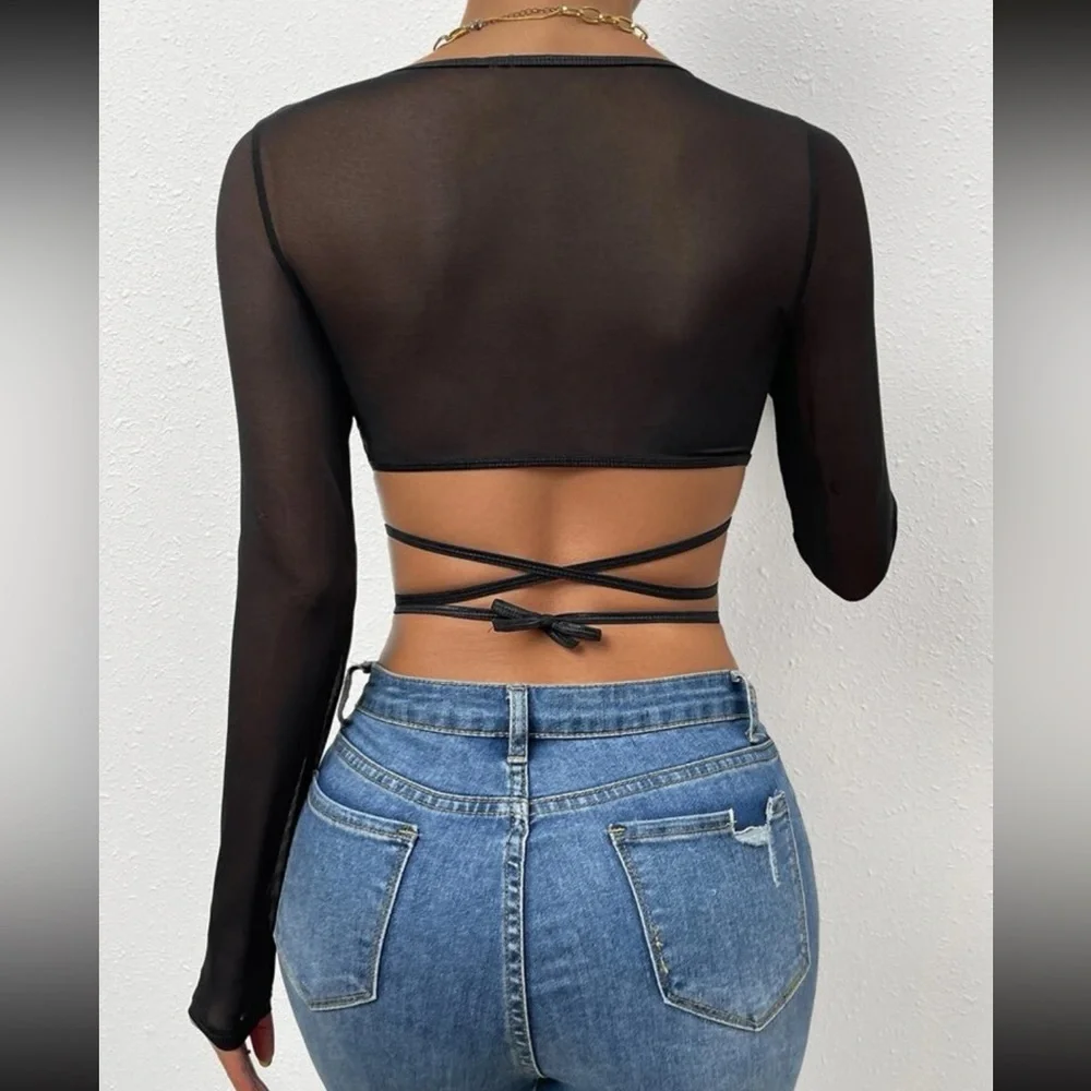 Boho lace crisscross tie back crop top